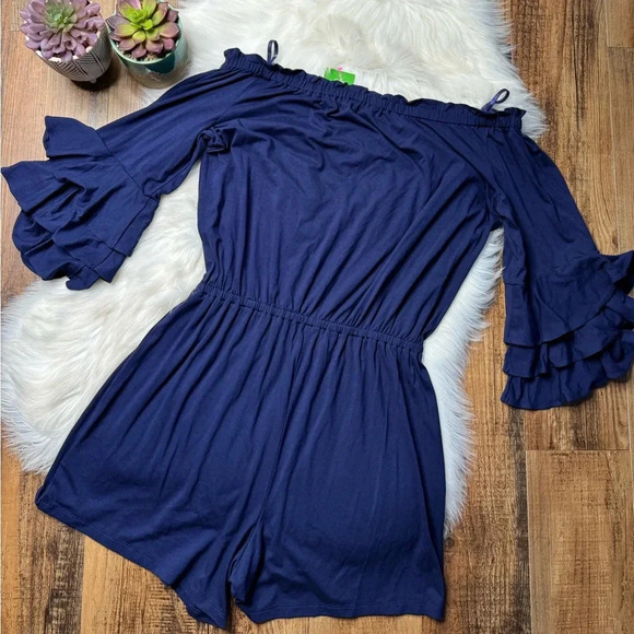 Lilly Pulitzer Calla Off the Shoulder Romper True Navy Blue - Picture 4 of 7